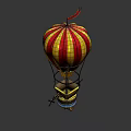 Vibrant Red And Yellow Striped Hot Air Balloon With Decorative Basket And Small Top Flag