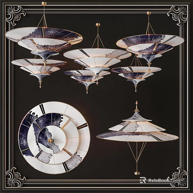 Artistic Blue And White Patterned Chandeliers With Multi Layered Disc Shaped Design 3d model