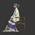Traditional Elegant Costume With Light Colored Top Colorful Embroidery And Purple Yellow Pleated Skirt