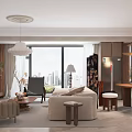 Cozy Living And Dining Room Interior Featuring Beige Sofa Wooden Coffee Table Decorative Paintings Chandelier