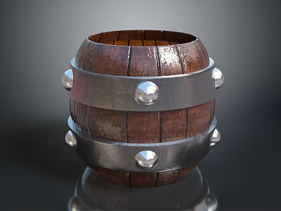 Vintage Round Wooden Barrel With Brown Wood Metal Hoops And Decorative Rivets 3d model