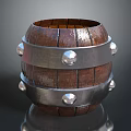 Vintage Round Wooden Barrel With Brown Wood Metal Hoops And Decorative Rivets