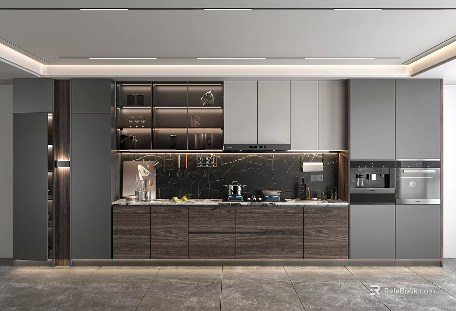 Modern Kitchen Interior Design With Gray Cabinets Island Counter And Appliances 3d model 