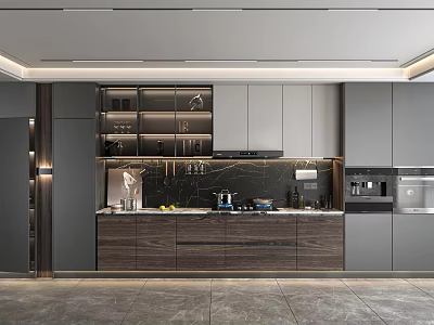 Modern Kitchen Interior Design With Gray Cabinets Island Counter And Appliances 3d model