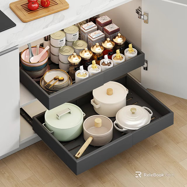 Modern Organized Kitchen Drawer Cabinet Shelves With Pots Bowls And Jars 3d model 
