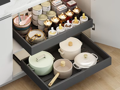 Modern Organized Kitchen Drawer Cabinet Shelves With Pots Bowls And Jars 3d model
