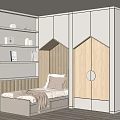 Cozy Kids Bed in Modern Kids Room with House Shaped Wooden Cabinets and White Shelves