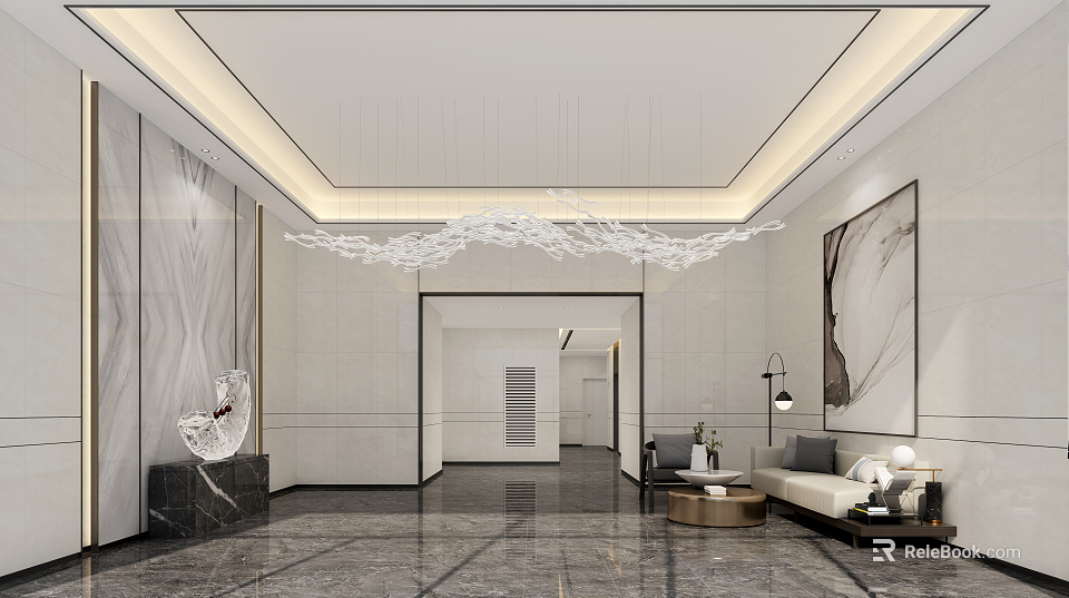 Modern Elegant Hotel Lobby With Unique Chandelier Marble Floor And Comfortable Sofa Seating 3d model 