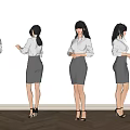 Professional Women In White Shirts And Gray Skirts Standing At Different Angles Against White Background
