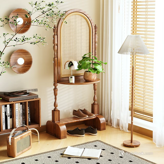 Wooden Screen With Mirror Shelf Plant And Shoes At Home 3d model 