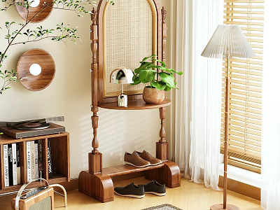 Wooden Screen With Mirror Shelf Plant And Shoes At Home 3d model