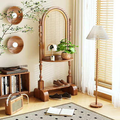 Wooden Screen With Mirror Shelf Plant And Shoes At Home 3d model