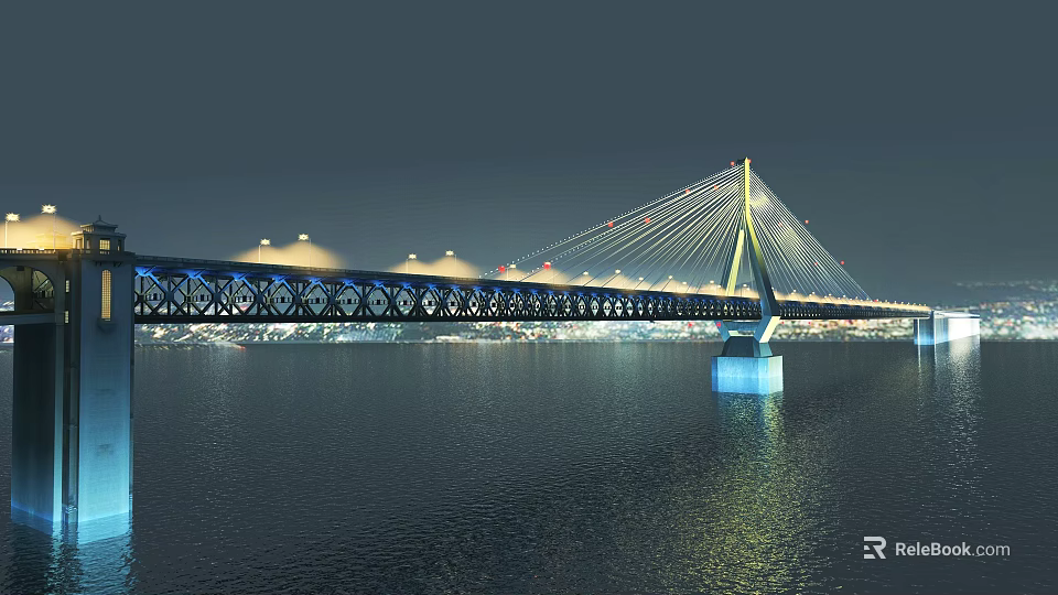 Illuminated Cable Stayed Bridge At Night With Bright Lighting And Water Reflection 3d model