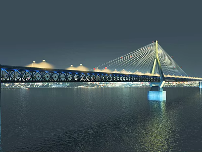 Illuminated Cable Stayed Bridge At Night With Bright Lighting And Water Reflection 3d model