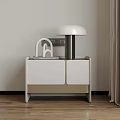 Modern Minimalist Bedside Table With White Cabinet Doors And White Table Lamp On Wooden Floor