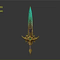 Ornate Fantasy Sword With Turquoise Blade Golden Decoration And Green Gemstone