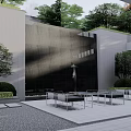 Modern Garden Landscape Featuring Water Pool Reflection And Symmetrical Architecture With Trees