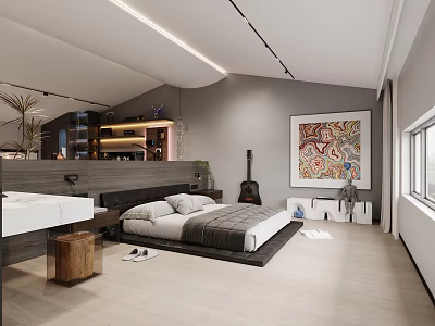 Modern Apartment Bedroom With Art Guitar And Stylish Decor 3d model