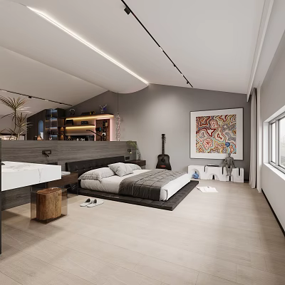 Modern Apartment Bedroom With Art Guitar And Stylish Decor 3d model