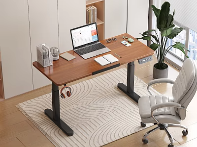 Modern Wooden Home Office Desk With Laptop Notebook Pen Books And Potted Plant 3d model