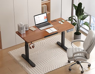 Modern Wooden Home Office Desk With Laptop Notebook Pen Books And Potted Plant 3d model