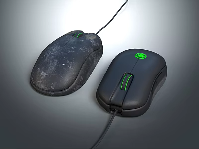 New And Worn Wired Computer Mice Featuring Green LED Lights 3d model