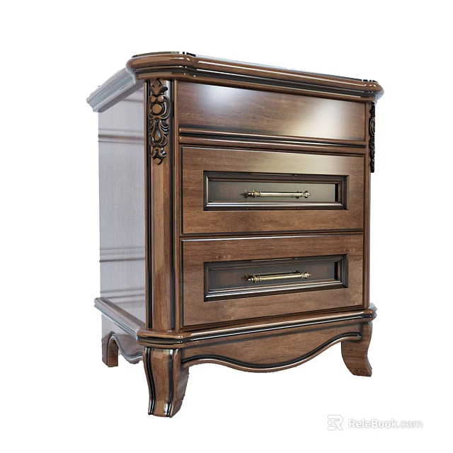 Classic Wooden Bedside Table With Carved Details Two Drawers And Metal Handles 3d model 