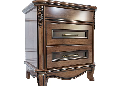 Classic Wooden Bedside Table With Carved Details Two Drawers And Metal Handles 3d model