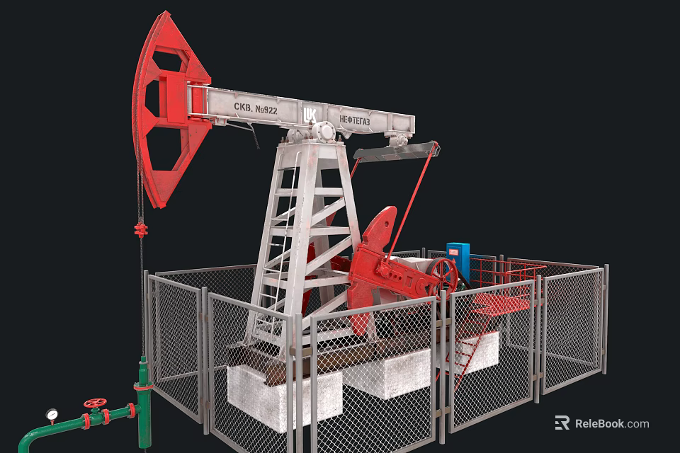 Industrial Oil Pump Jack With Red Metal Structure Fence And Pipes 3d model 