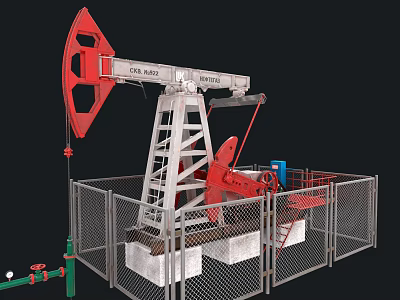 Industrial Oil Pump Jack With Red Metal Structure Fence And Pipes 3d model