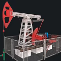 Industrial Oil Pump Jack With Red Metal Structure Fence And Pipes