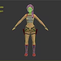 3D Female Character Model With Braided Hair Blue Tank Top Brown Shorts And Red Boots