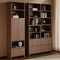 Modern Wooden Bookshelf With Multi Tier Design Drawers Cabinets And Decorative Vases Sculptures