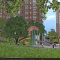 Scenic Park Landscape with Playground Equipment Green Trees and Lush Grass Near Residential Buildings