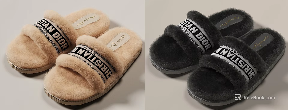 Christian Dior Beige And Black Fluffy Slippers With Logo Strap Design 3d model 