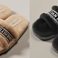 Christian Dior Beige And Black Fluffy Slippers With Logo Strap Design