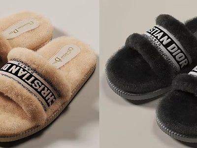 Christian Dior Beige And Black Fluffy Slippers With Logo Strap Design 3d model