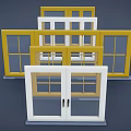 Various Styles of Casement Windows with White and Yellow Frames and Glass Panels