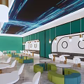 Modern Café Interior With Green Walls Projected Ceiling White Chairs And Round Tables