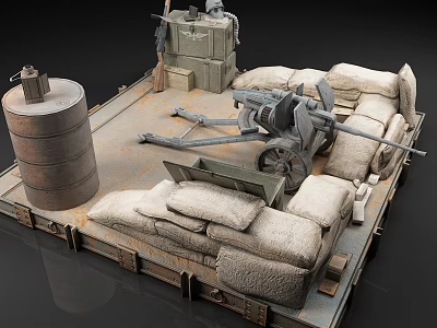 Military Scene With Sandbags Cannon Fuel Barrel And Crates On Platform 3d model