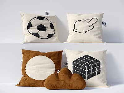 Brown Cotton Decorative Pillows With Soccer Ball Hand Pointing Cube Circular Cloud Shaped Designs 3d model