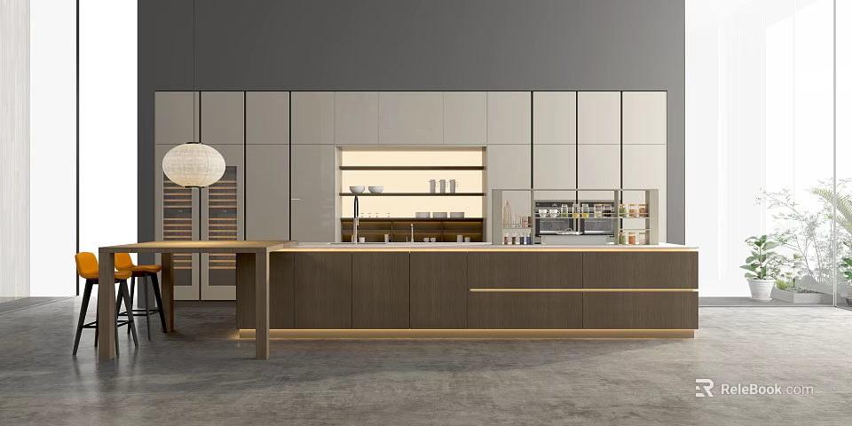 Modern Kitchen Interior Design With Light Dark Cabinets And Wooden Island Counter 3d model 