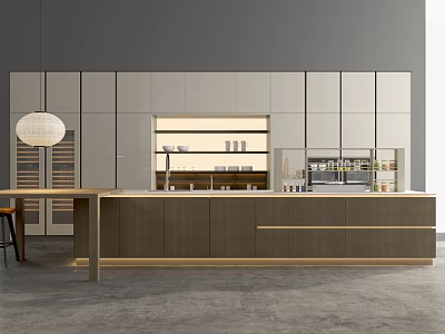 Modern Kitchen Interior Design With Light Dark Cabinets And Wooden Island Counter 3d model