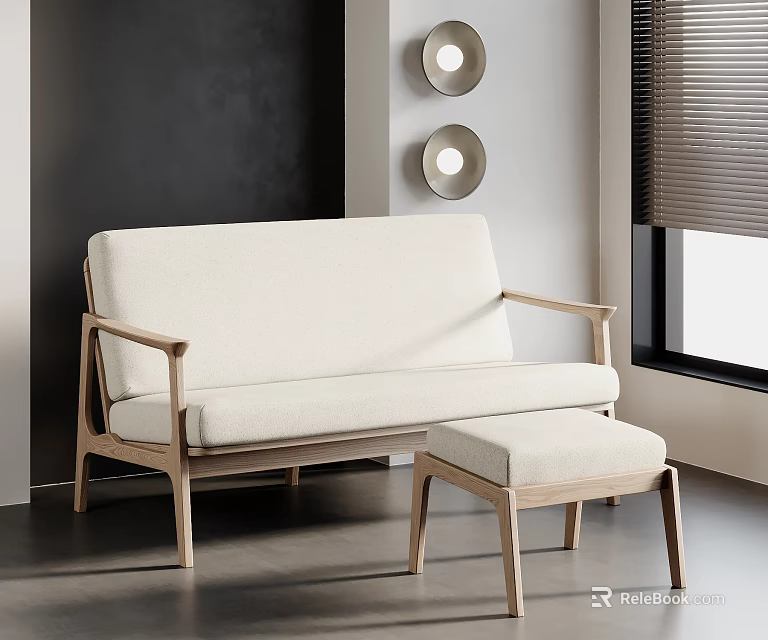 Modern Light Upholstered Sofa Set With Wooden Frame Ottoman And Circular Wall Decor 3d model 