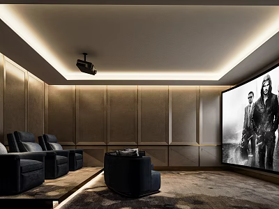 Modern Home Theater Interior With Comfortable Leather Seats Large Projection Screen And Acoustic Panel Walls 3d model