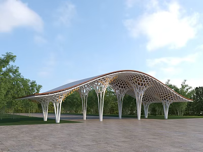 Modern Entrance Gate Architectural Design With Curved Roof And Wooden White Supports Surrounded by Trees 3d model