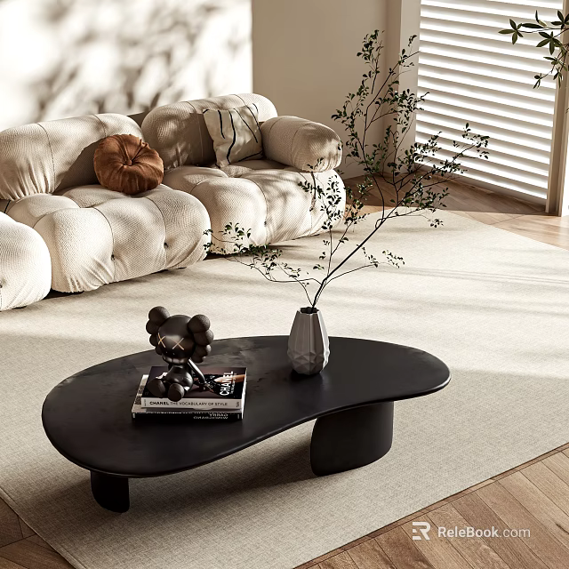 Black Coffee Table with Bear Figurine Magazine Vase in Bright Living Room with Beige Sofa 3d model 