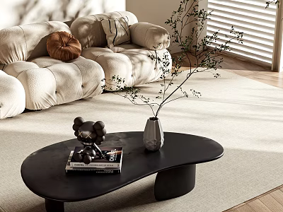 Black Coffee Table with Bear Figurine Magazine Vase in Bright Living Room with Beige Sofa 3d model