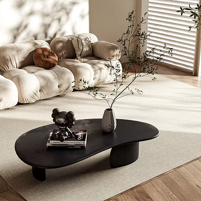 Black Coffee Table with Bear Figurine Magazine Vase in Bright Living Room with Beige Sofa 3d model