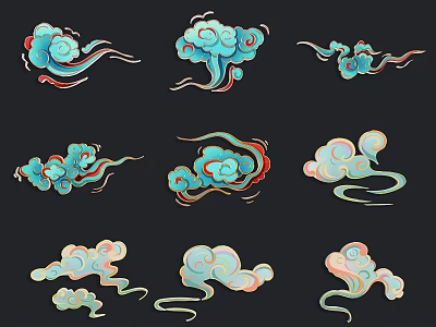 Traditional Chinese Style Handles With Cloud Patterns In Blue Pink Green Colors And Smooth Lines 3d model